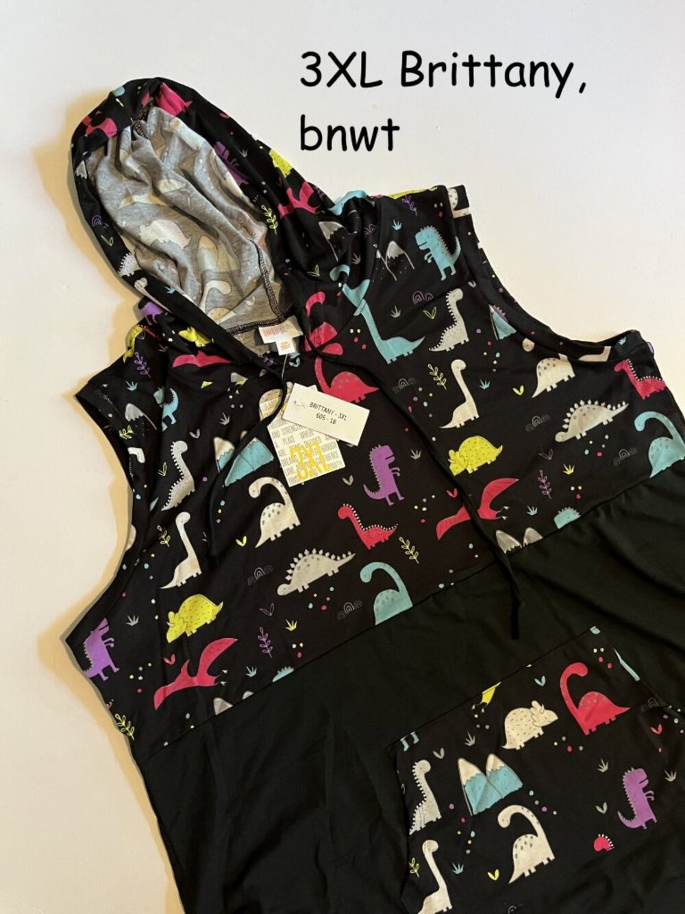 3XL Lularoe Brittany hooded tank top, black with dinosaurs